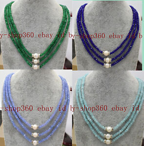 Fashion Beautiful 3 Rows Necklace 2X4mm Faceted Gemstone & White Pearl 17-19in