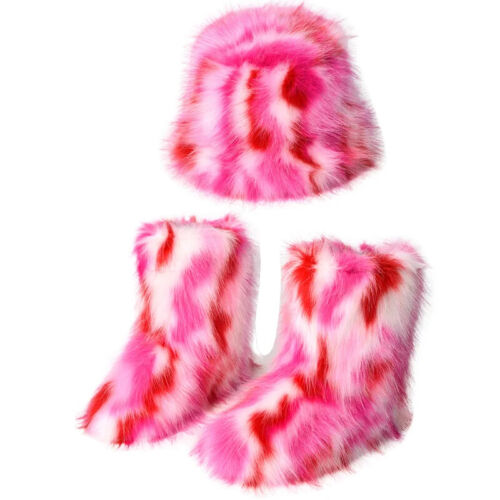 Winter Warm Women Fur Boots Fluffy Faux Fisherman Hat Set Outside Slip on Shoes