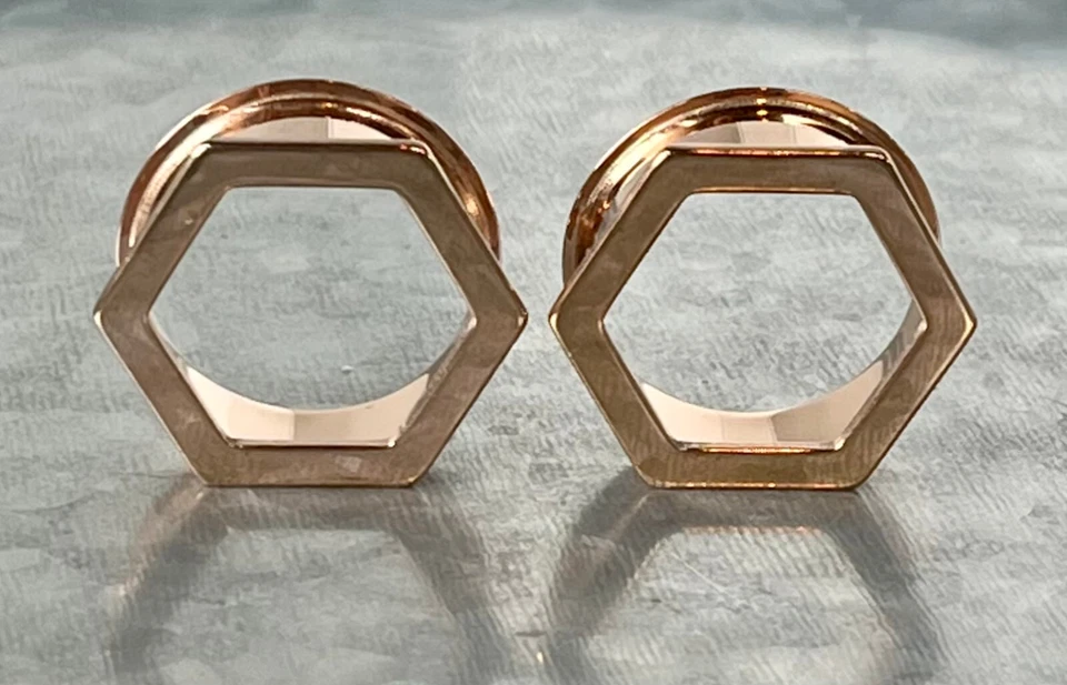 PAIR Hexagon Front Double Flare Tunnels Plugs Gauges 316L Surgical Steel - Image 1 of 1