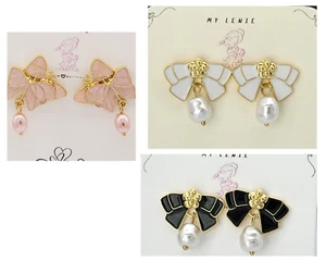 Pink Butterfly Black or White Bow Stud Earrings Dangling Pearl Jewelry - Picture 1 of 14