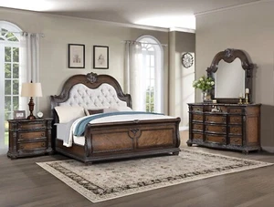 LUXURY Sleigh 4PC Coffee Brown Upholstered Master Bedroom Set Marble Top B/D/M/N - Picture 1 of 10