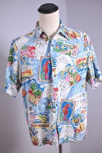 Vtg Reyn Spooner Postcard Print Camp Shirt Made Hawaii Rayon Men's Medium M - Picture 1 of 4