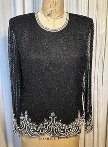 Vintage Laurence Kazar W.Chiffon Top/Sliver Beads Sequins +Pearls Sz PM Used - Picture 1 of 9