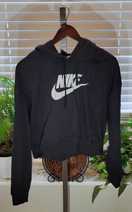 Nike Black Pullover Hoodie White Logo Cropped Short Ladies Size M Medium - Picture 1 of 3
