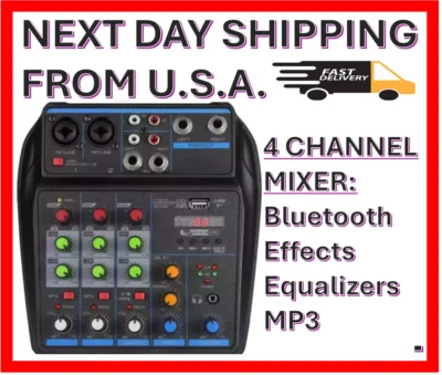 4-CHANNEL MINI MIXER with BLUETOOTH EFFECTS MP3 EQUALIZERS for DJ STUDIO STAGE - Image 1 of 4