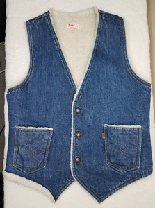 Vintage Levi's Mens Denim Vest USA Sherpa Fleece Snap Orange Tag Size M - Picture 1 of 4