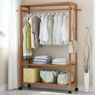 Holz Garderobenständer Kleiderständer Rollgarderobe Rollbar Garderobe aus Bambus - Bild 1 von 4