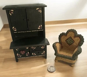 Miniature Baking Hutch Cupboard Wood Green Hand painted And Faux Wicker Chair - Picture 1 of 5