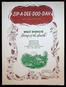 Walt Disney Song of the South 1946 Movie Sheet Music Zip A Dee Doo Dah - NM - Picture 1 of 3