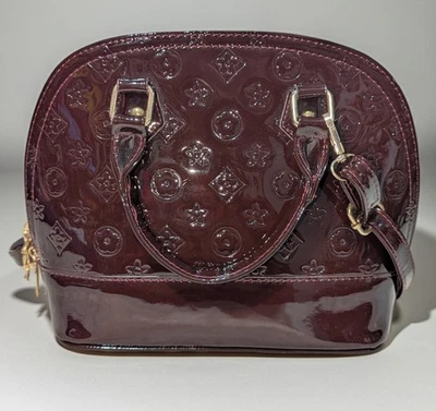 Satchel Crossbody Purse Burgundy Embossed Monogram Dome Faux Leather Gold - Image 1 of 4