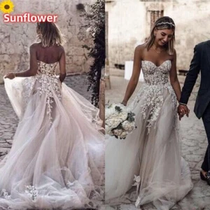 Beach Wedding Dresses Strapless Tulle Backless Lace Applique Train Bridal Gowns - Picture 1 of 9