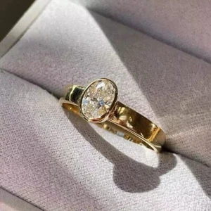 2.00Ct Oval Cut Bezel Set Lab Created Diamond 14K Yellow Gold FN Engagement Ring - Picture 1 of 8