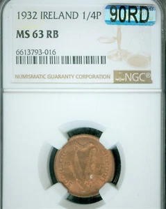 1932 IRELAND 1/4P FARTHING NGC MS63 RB  MAC 90RD CHERRY RED   * - Picture 1 of 2