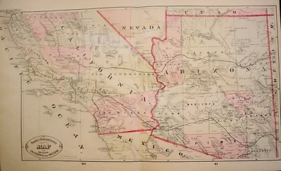Mapa 1882 ~ TERRITORIO DE Arizona - sur de california ~ Cram 1ª Edición Variante Foto 1 de 4