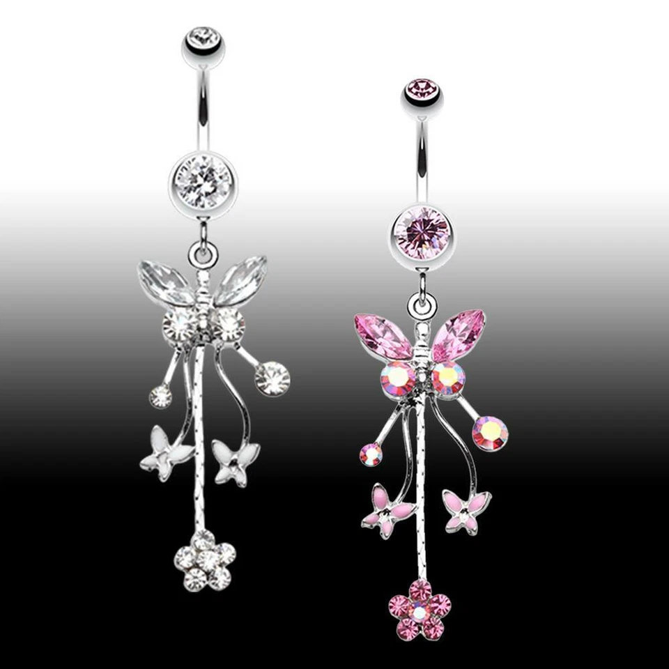 Fluttering Butterflies Belly Ring Pink Clear Aurora Borealis CZ Dangle Flower - Image 1 of 1