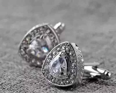 3Ct Trillion Cut Lab-Created Diamond Men's Cufflink 14K White Gold Plated Silver - Image 1 of 3