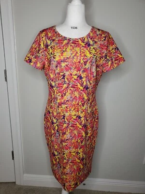 ANTONIO MELANI Laser Cut Sheath Dress Geometric Print Red Neon Green Size 10 - Image 1 of 4