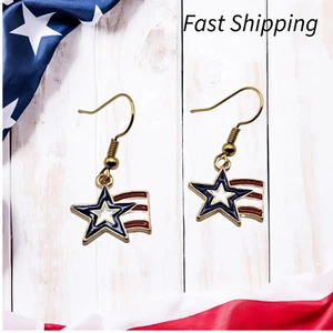 Patriotic Star & Stripes Dangle Earrings – Gold-Tone Hook | Red, White & Blue - Picture 1 of 4