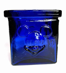 DISNEY MICKEY MOUSE Vintage Square Cobalt Blue Art Glass Candle Holder - Picture 1 of 8