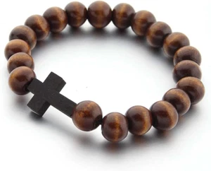 Fashion Religious 10MM Wooden Beads Cross Bracelet for Men Women Faith Prayer Ha - Picture 1 of 12