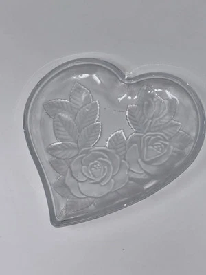 Heart Shaped Etched Crystal Glass Heart Tray—Winter Rose—Studio Nova. - Image 1 of 4