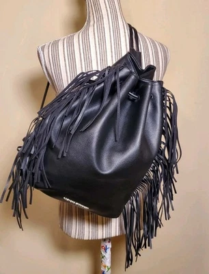 Victoria’s Secret Black Fringe Bohemian Festival Backpack Drawstring Bag - Image 1 of 4