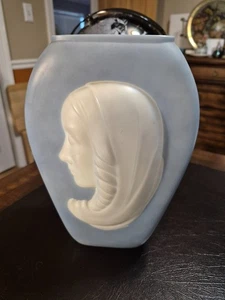 VTG Phoenix Satin Frosted Raised Madonna-Woman-Art Deco Glass Vase Light Blue - Picture 1 of 7