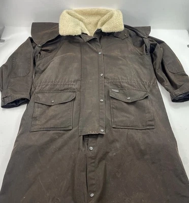 Outback Trading Company Brown Oilskin Duster Long Ranch Coat Size XL Wool Liner - Image 1 of 4