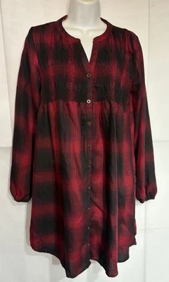 Knox Rose Red & Black Plaid Button Up Shirt Dress Long Sleeves Smocked Small - Image 1 of 4