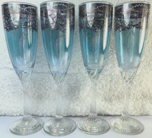 Set of 4 Italian Blown Crystal Pure Platinum Hand Decorated Champagne Flutes - Picture 1 of 19