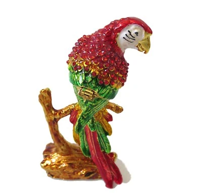 Bejeweled " Red Parrot  " Hinged Metal Enameled Rhinestone Trinket box - Image 1 of 2