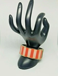 Striped Pink Gold Tone Bangle Bracelet Salmon Pink Spring Clamp Two Tone - Picture 1 of 7
