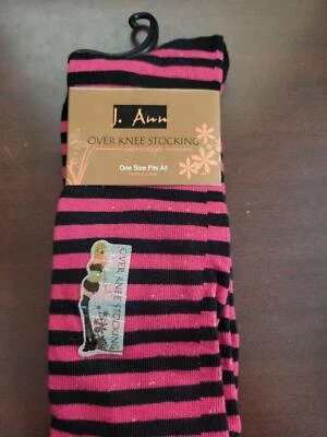 J Ann Over The Knee Socks Pink Black Narrow Stripe Soft Feel   NWT   HiBaly - Image 1 of 2
