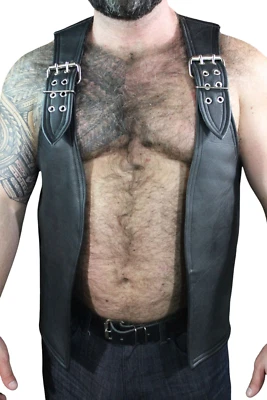 Men's Real Leather Bartender Vest Adjustable Shoulder Straps Front Open Vest - Image 1 of 2