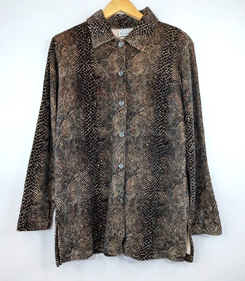 Vtg 90s Women Brown Black Animal Print Long Velvet Shirt Size S - Image 1 of 4