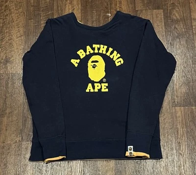 A Bathing Ape Bape Reversible Crew Neck Pullover Sweatshirt Medium Navy Orange - Image 1 of 4