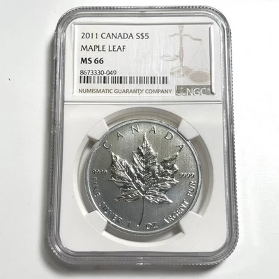 2011 Canada 1 Oz .9999 Fine Silver Maple Leaf $5 NGC MS66 - Image 1 of 4