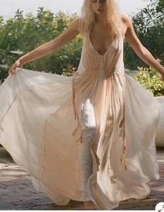 Free People Setting Sun Maxi Dress Flowy Long Tassels Sheer Smocking Small - Picture 1 of 16