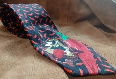 Corbata de seda de pimienta chile vintage LooneyTunesTazHotChile rojo de Tasmania negro marrón HotPppers 59,5" Foto 1 de 4