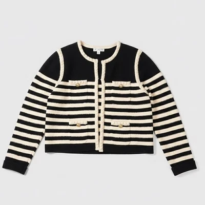 J.Crew Odette Sweater Lady Jacket Bouclé Striped Black Cream Gold Buttons Size S - Image 1 of 4