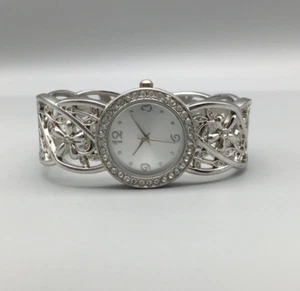 Accutime Bling Watch Women 26mm Crystal Silver Tone Floral Open Cuff New Battery - Picture 1 of 15