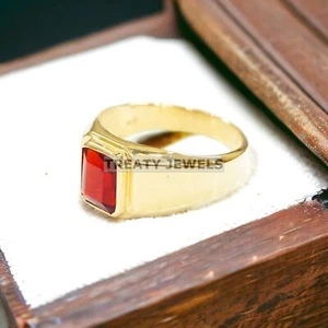 Ruby Cushion Cut With 925 Sterling Silver Gold Plated Ring For Men's #990 - Picture 1 of 6