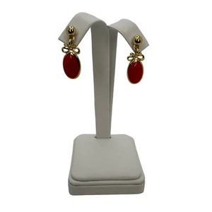 JS Signed Red Bead Dangle Enamel Earrings Pierced Gold Tone Bow Accents - Picture 1 of 7