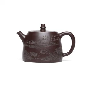 Tetera hecha a mano marcada 9 agujeros infusores montaña grabada Yixing Zisha olla de arcilla - Imagen 1 de 10