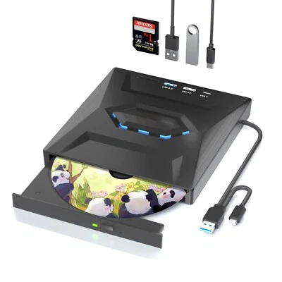 Externes CD DVD Laufwerk für Laptop USB 3.0 USB-C mit SD Kartenleser & USB Hub - Bild 1 von 4