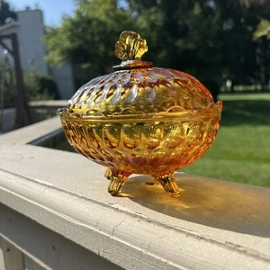VTG Fenton Thumbprint Amber Honey Oval Footed Candy Nut Dish Bowl & Lid UV GLOW - Picture 1 of 19