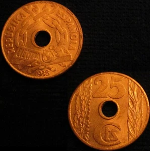 ESPAÑA, REPÚBLICA 301-II, 25 CÉNTIMOS 1938, BRILLO ORIGINAL, SIN CIRCULAR. - Imagen 1 de 1