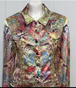 Vintage Boho Chic Jacket Women's 10 Multicolor Floral Paisley Satin Tie button - Picture 1 of 10