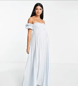 ASOS DESIGN Maternity bardot pleated maxi dress in blue - Picture 1 of 4