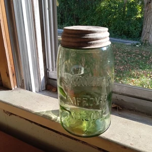 PRETTY GREEN SWAYZEE'S IMPROVED MASON QUART FRUIT JAR WITH ZINC LID NICE COLOR - Picture 1 of 8